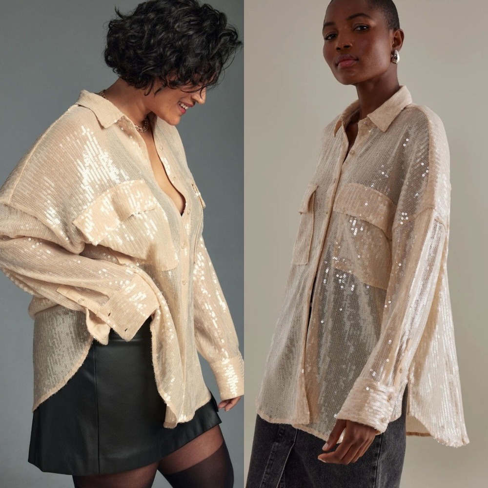 Pilcro Anthropologie Cream Sequin Shine Button Up Shirt Blouse Plus Size 3X